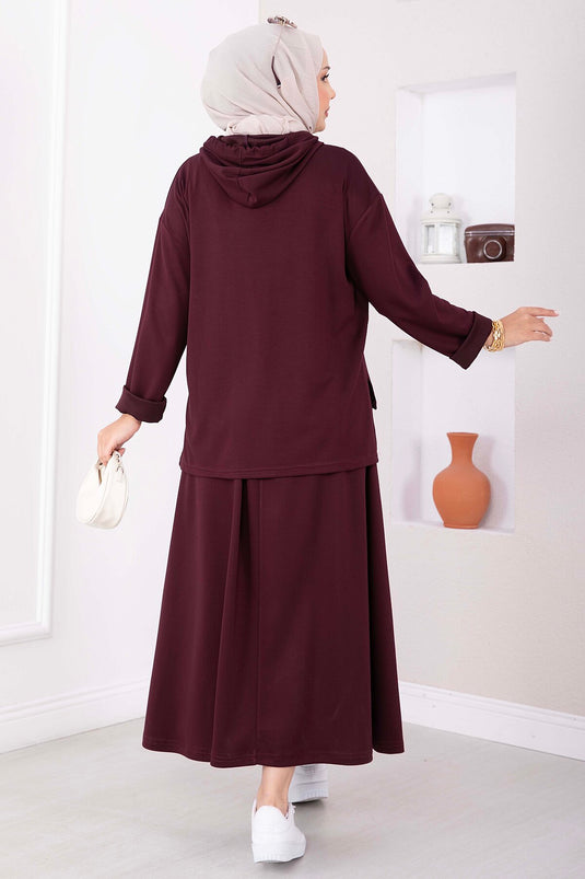 Hooded Tunic Skirt Set In Mauve