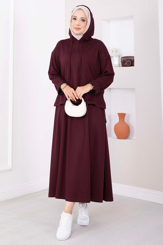Hooded Tunic Skirt Set In Mauve