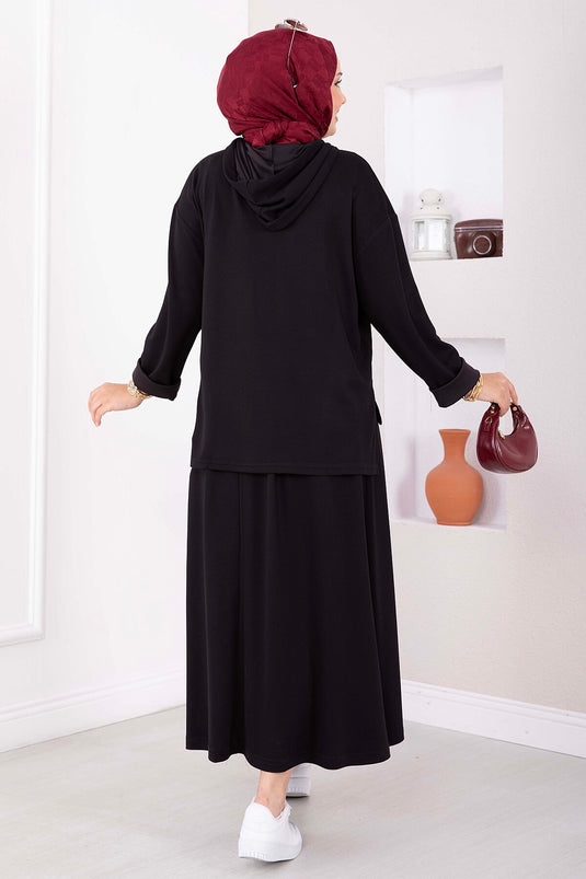 Hooded Tunic Skirt Set In Black