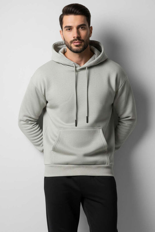 Gray Hooded Three-Thread Sweatshirt