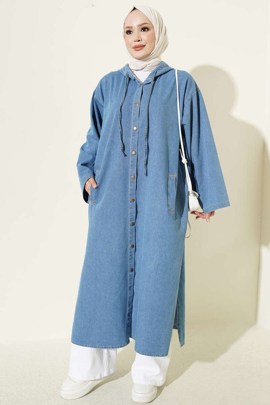 Lange Jeans-Tunika Mit Kapuze In Hellblau