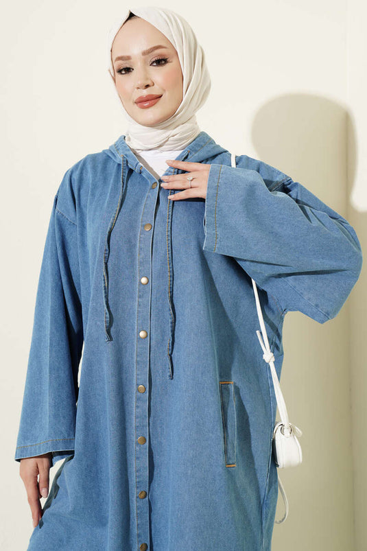 Lange Jeans-Tunika Mit Kapuze In Hellblau