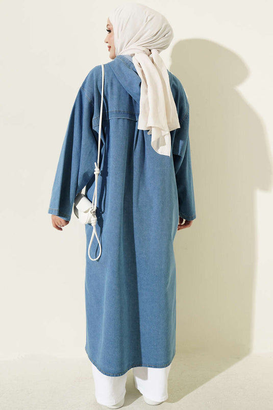 Lange Jeans-Tunika Mit Kapuze In Hellblau