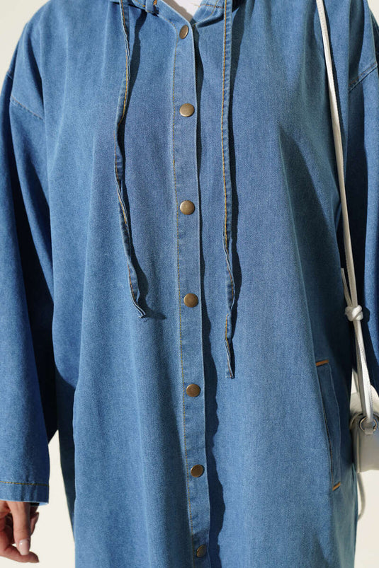 Lange Jeans-Tunika Mit Kapuze In Hellblau