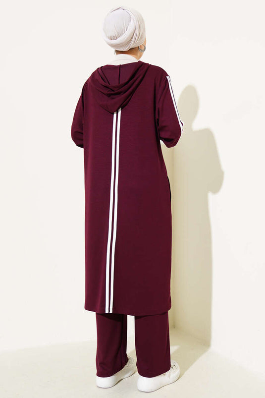 طقم تونيك طويل بغطاء للرأس من قطعتين - لون عنابي