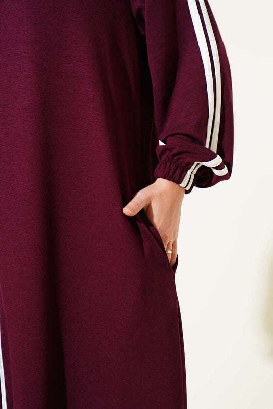 طقم تونيك طويل بغطاء للرأس من قطعتين - لون عنابي