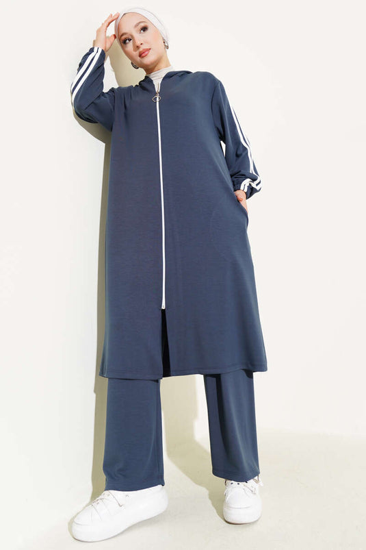 Kapüşonlu Uzun Tunik İkili Takım Füme