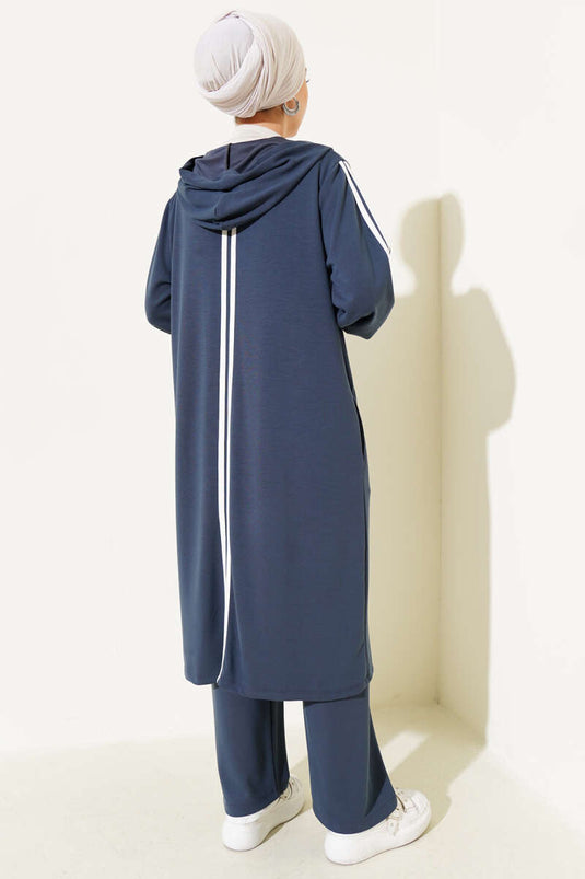 Kapüşonlu Uzun Tunik İkili Takım Füme