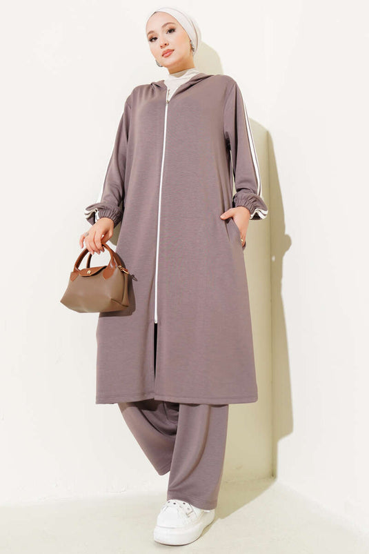 طقم تونيك طويل بغطاء للرأس من قطعتين من المنك