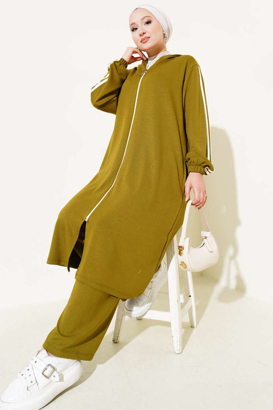 Kapüşonlu Uzun Tunik İkili Takım Yağ Yeşili