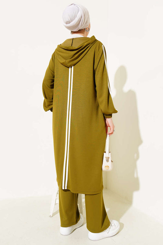 Kapüşonlu Uzun Tunik İkili Takım Yağ Yeşili