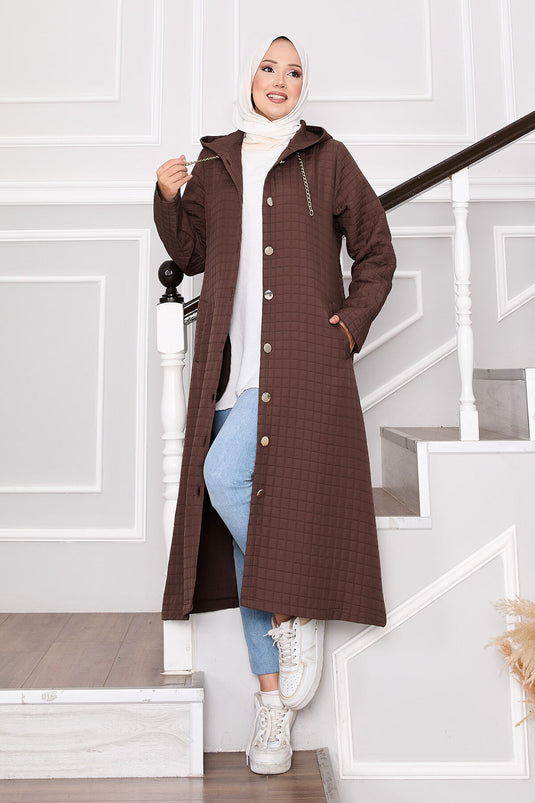 Steppmantel mit Kapuze und Taschendetails, Braun