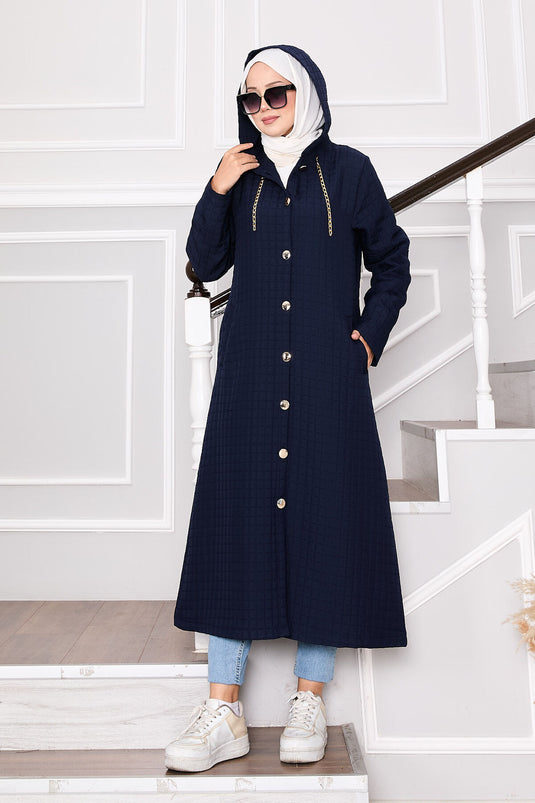 Kapüşonlu Ve Cep Detaylı Kapitone Kap Lacivert