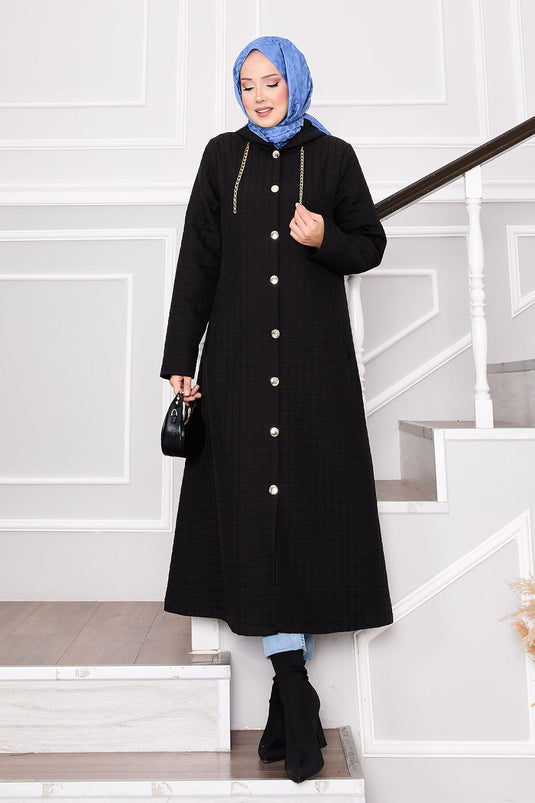 معطف مبطن بغطاء رأس وتفاصيل جيوب، أسود