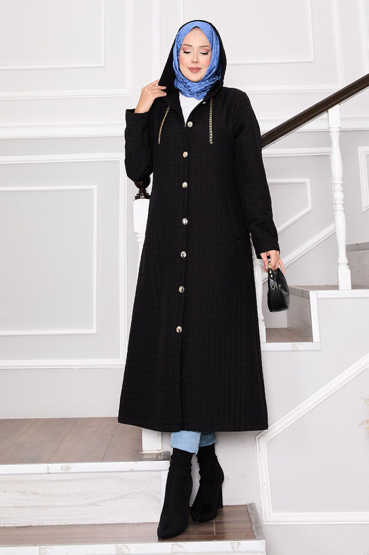 معطف مبطن بغطاء رأس وتفاصيل جيوب، أسود