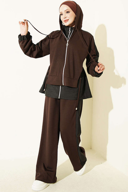 Ensemble À Capuche Et Col En Maille Marron Et Noir