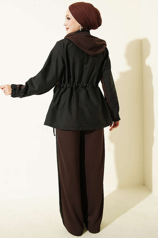 Ensemble À Capuche Et Col En Maille Marron Et Noir