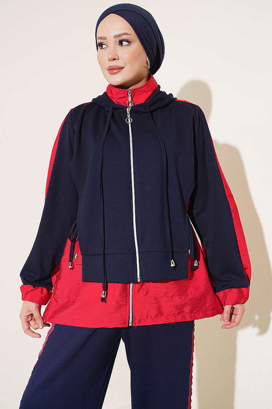 Ensemble Deux Pièces À Capuche Et Col En Maille Bleu Marine Et Rouge