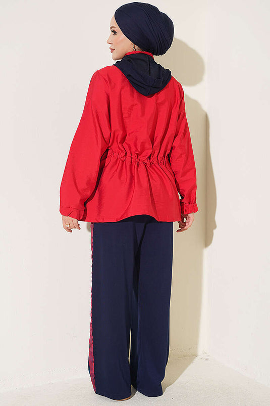 Ensemble Deux Pièces À Capuche Et Col En Maille Bleu Marine Et Rouge