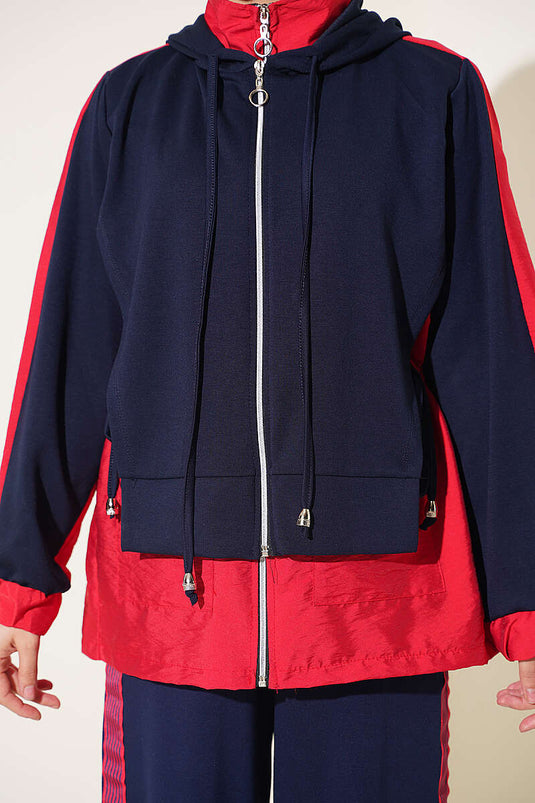 Ensemble Deux Pièces À Capuche Et Col En Maille Bleu Marine Et Rouge