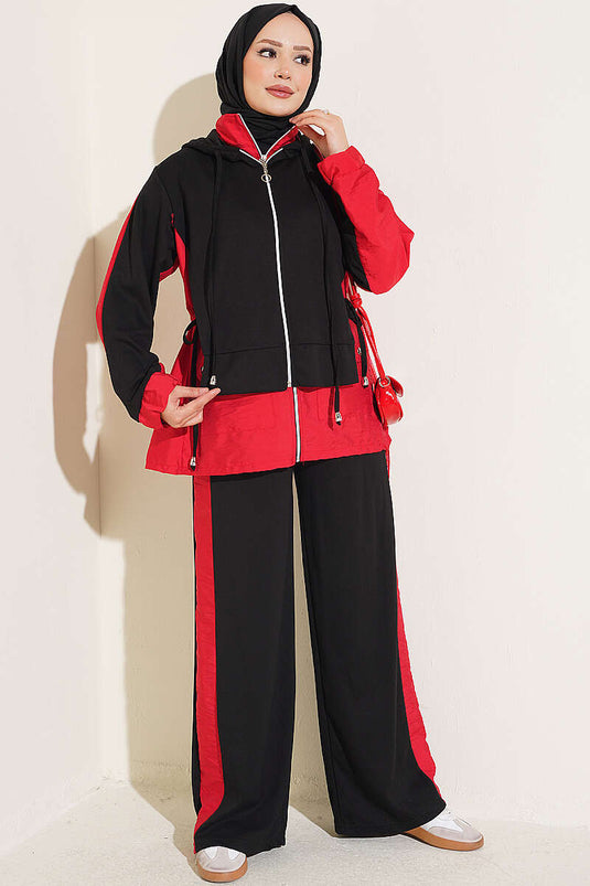 Conjunto De Dos Piezas Con Capucha Y Cuello De Punto Negro Rojo