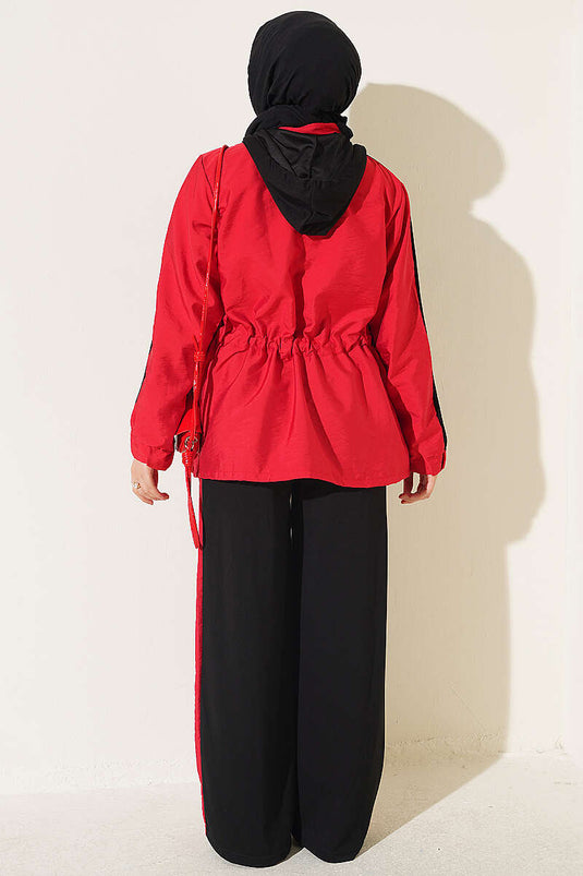 Conjunto De Dos Piezas Con Capucha Y Cuello De Punto Negro Rojo