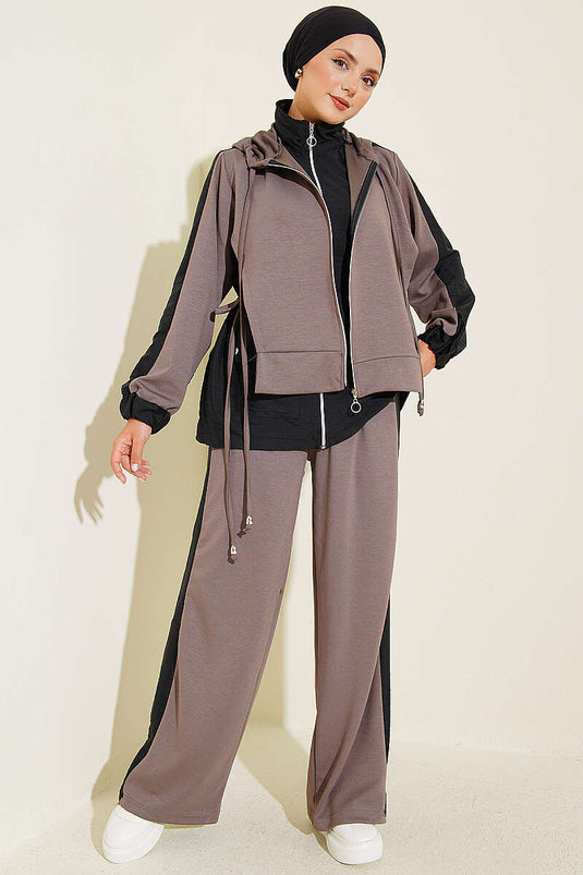 Kapüşonlu Yaka Garnili İkili Takım Vizon Siyah