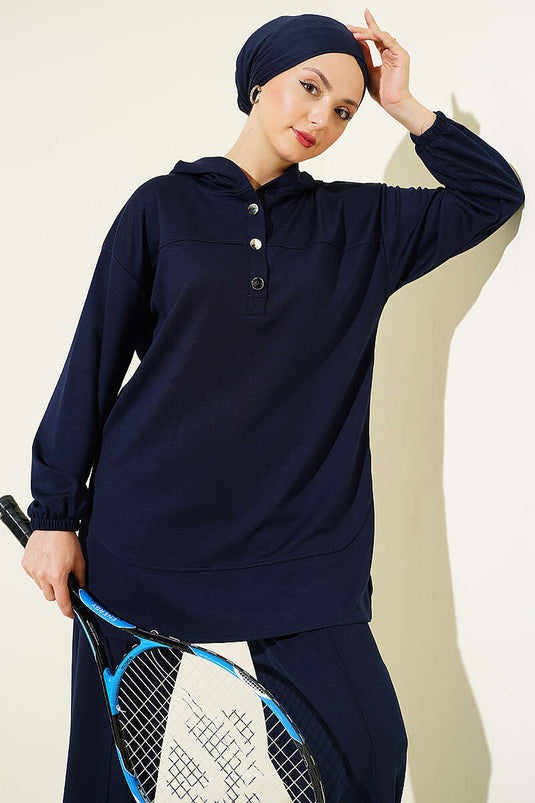 Ensemble double Loyşa à capuche avec demi-boutons, bleu marine