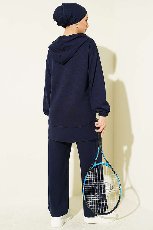 Ensemble double Loyşa à capuche avec demi-boutons, bleu marine