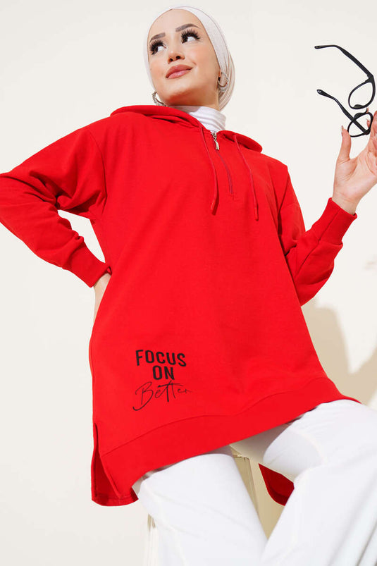 Hooded Half Zipper Printed Tunic Red