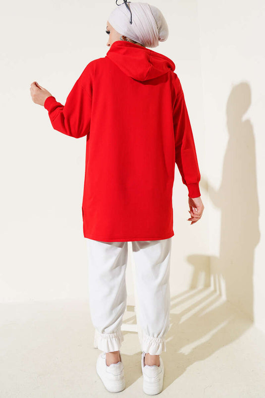 Tunique rouge imprimée à capuche et demi-zip