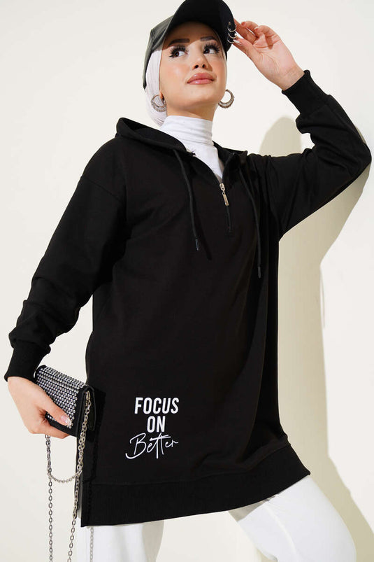 Hooded Half Zipper Printed Tunic Black