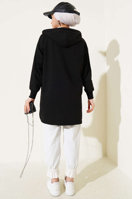 Tunique imprimée à capuche et demi-zip noire