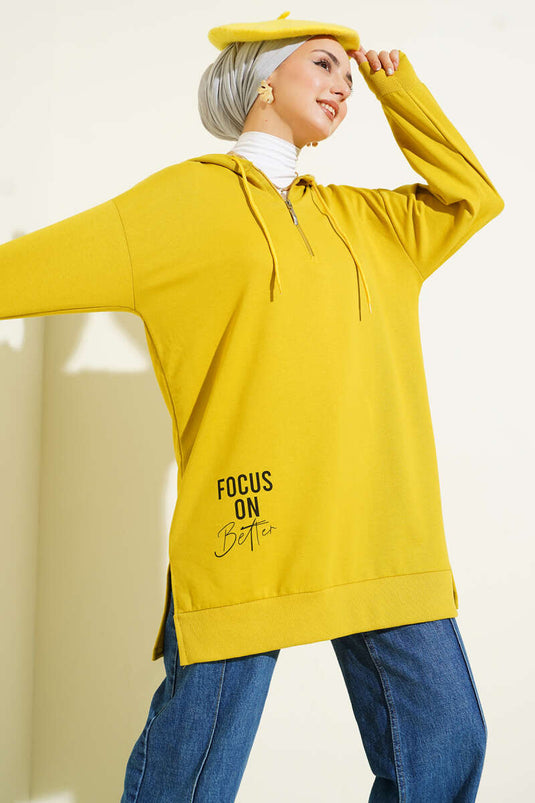 Hooded Half Zipper Printed Tunic Oil Green