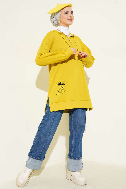 Kapüşonlu Yarım Fermuarlı Baskılı Tunik Yağ Yeşili