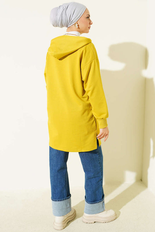 Kapüşonlu Yarım Fermuarlı Baskılı Tunik Yağ Yeşili