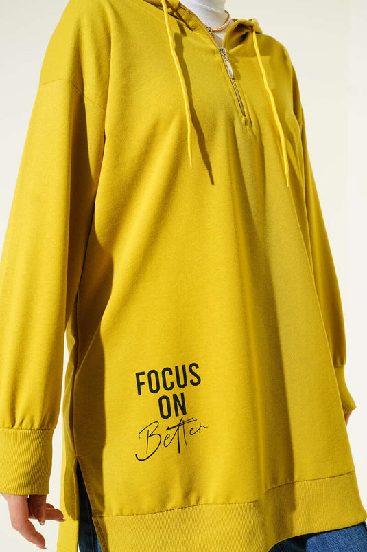 Hooded Half Zipper Printed Tunic Oil Green