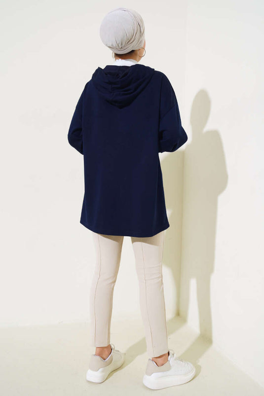 Kapuzen-Sweatshirt mit halbem Reißverschluss, Marineblau