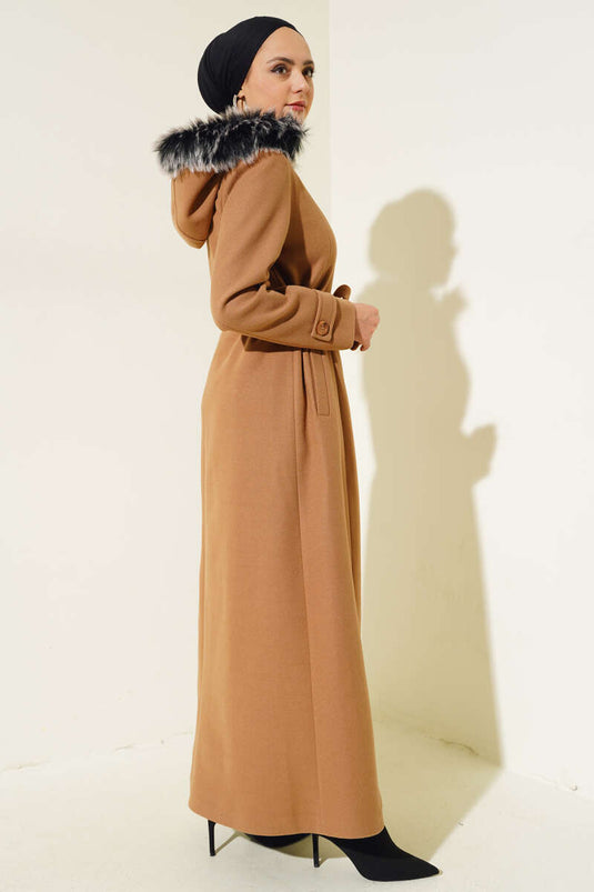 Kapüşonu Kürklü Fermuarlı Uzun Kaşe Kaban Latte