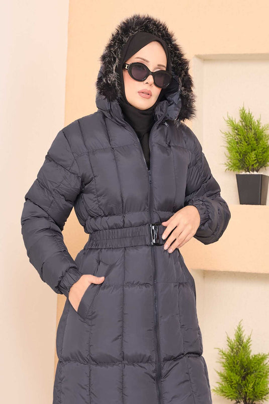 Kapüşonu Kürklü Seyyar Kemerli Şişme Mont Gri