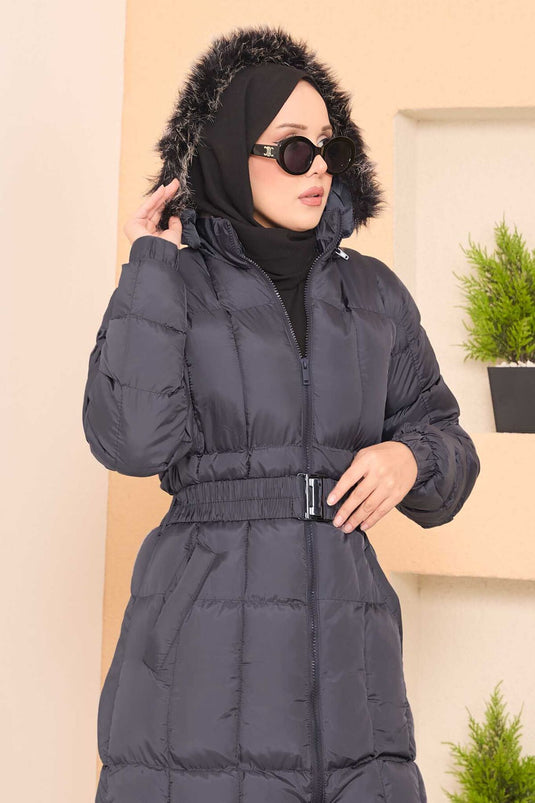Kapüşonu Kürklü Seyyar Kemerli Şişme Mont Gri