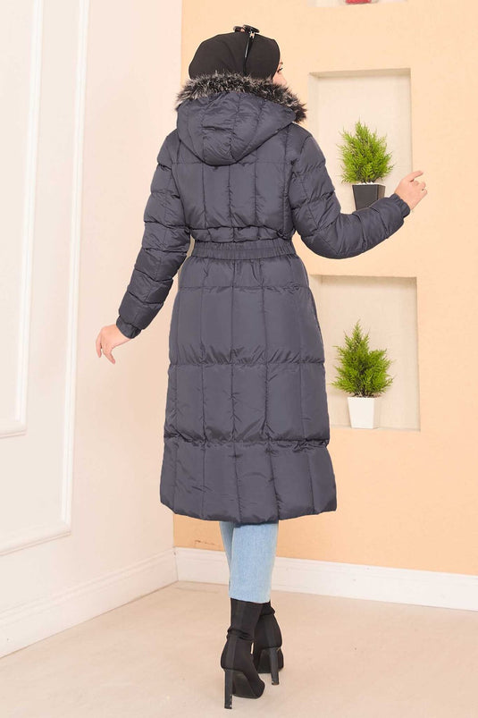 Kapüşonu Kürklü Seyyar Kemerli Şişme Mont Gri