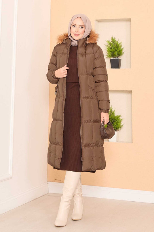 Fur Hooded Removable Belted Puffer Jacket Brown