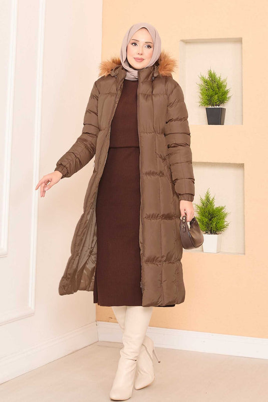 Fur Hooded Removable Belted Puffer Jacket Brown