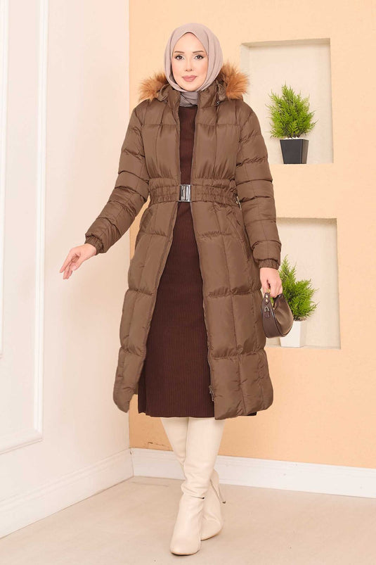 Fur Hooded Removable Belted Puffer Jacket Brown