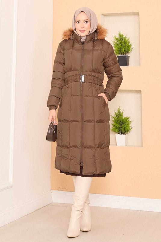 Fur Hooded Removable Belted Puffer Jacket Brown