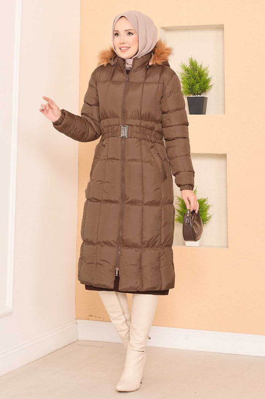 Fur Hooded Removable Belted Puffer Jacket Brown