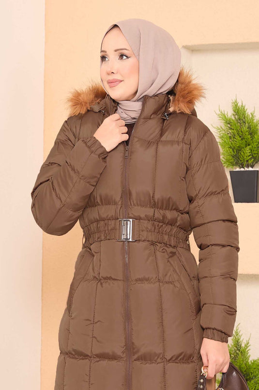 Fur Hooded Removable Belted Puffer Jacket Brown
