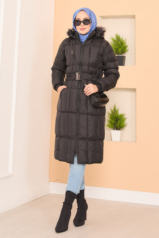 Kapüşonu Kürklü Seyyar Kemerli Şişme Mont Siyah