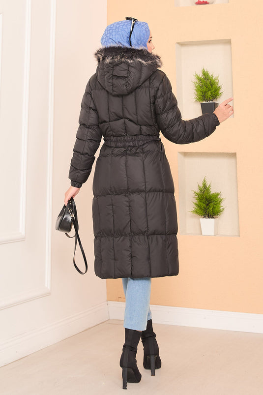 Kapüşonu Kürklü Seyyar Kemerli Şişme Mont Siyah